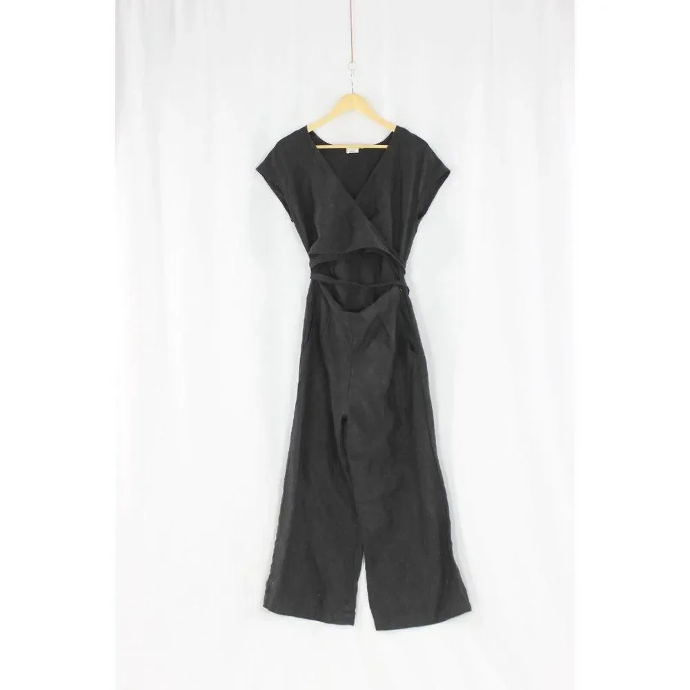 Aritzia WILFRED Brax Black Linen Lyocell Cut-Out Wrap Wide Leg Jumpsuit, Size 6 - Picture 7 of 13